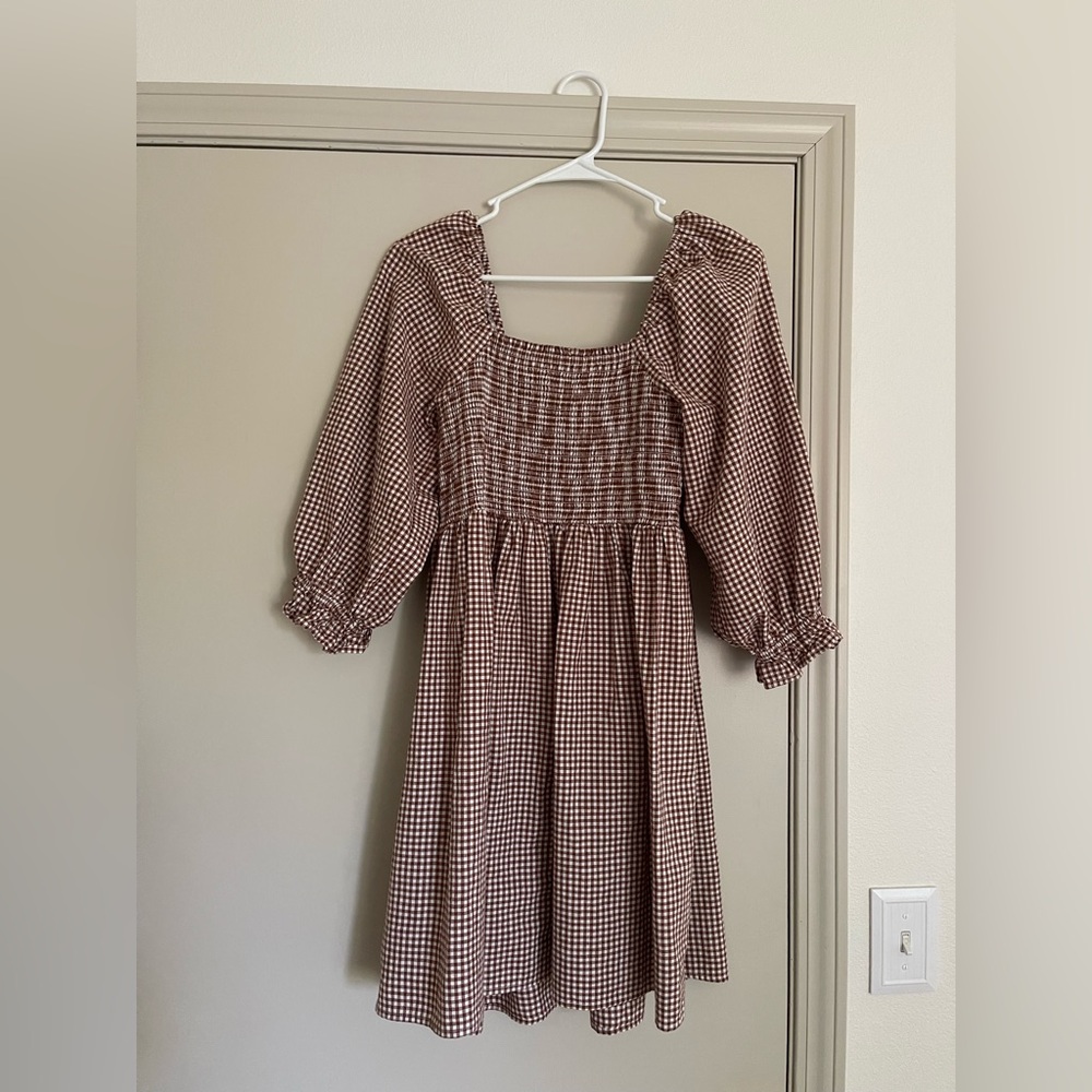Rylee + Cru Women’s Brown Gingham puff sleeve dress size small 100% cotton